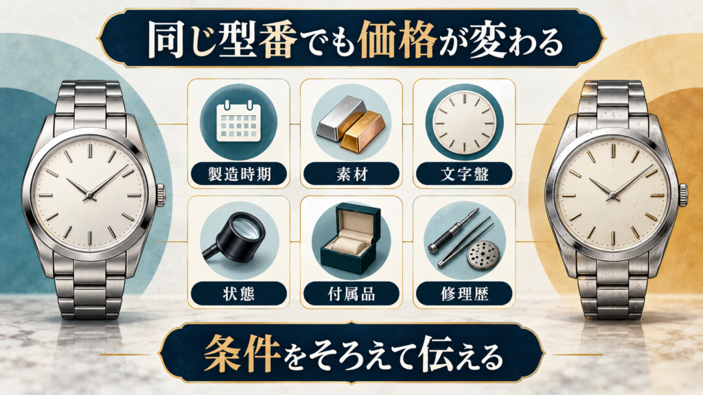 製造時期や素材や文字盤や状態や付属品や修理歴を比較する図解
