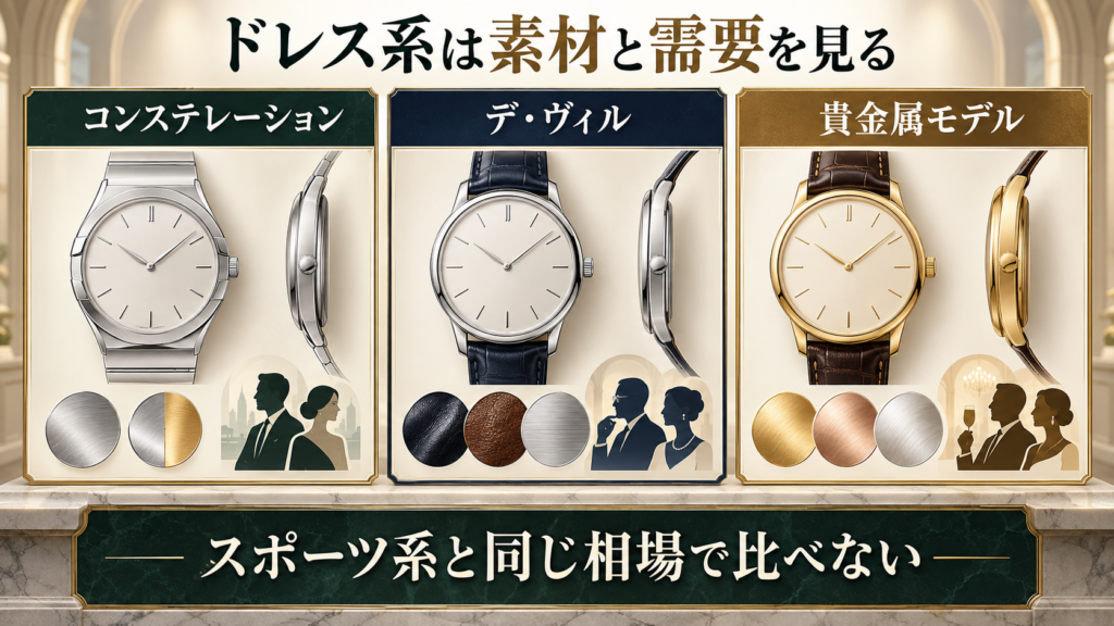 コンステレーションとデ・ヴィルと貴金属モデルの素材と需要を比較する図解