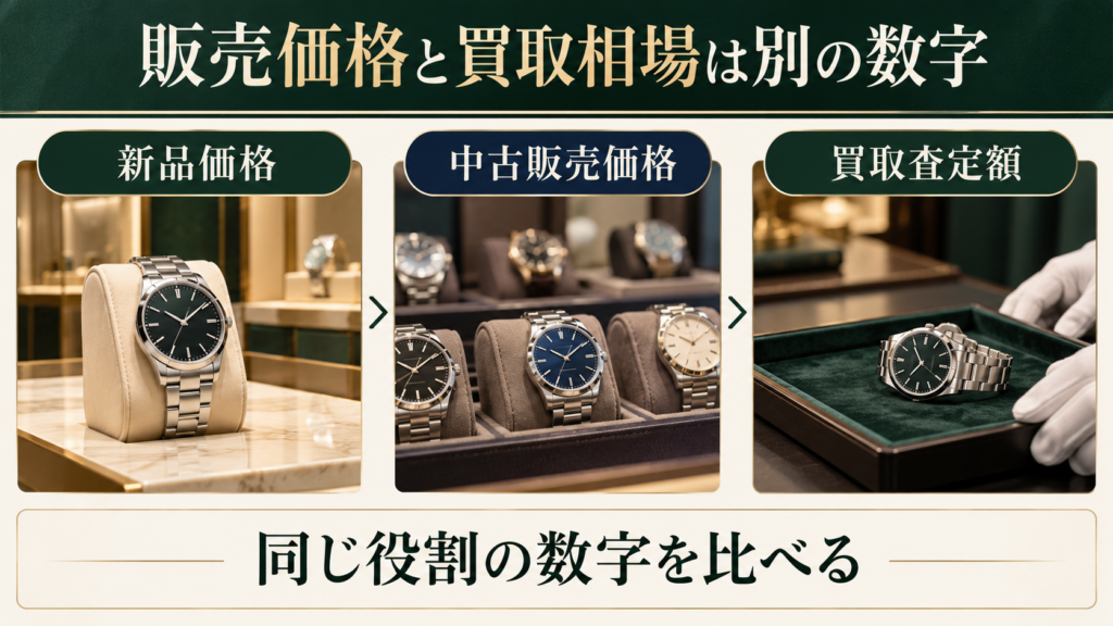 新品価格と中古販売価格と買取査定額の役割を比較する図解
