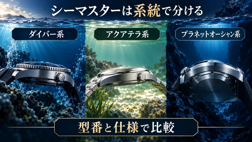 シーマスターをダイバー系とアクアテラ系とプラネットオーシャン系に分ける図解