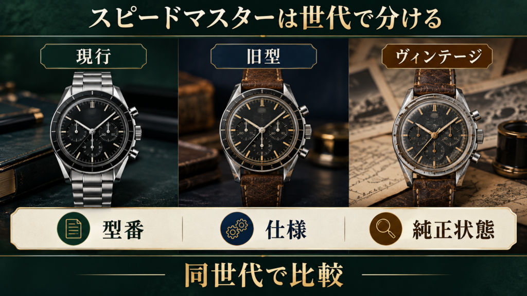 スピードマスターを現行と旧型とヴィンテージに分けて比較する図解