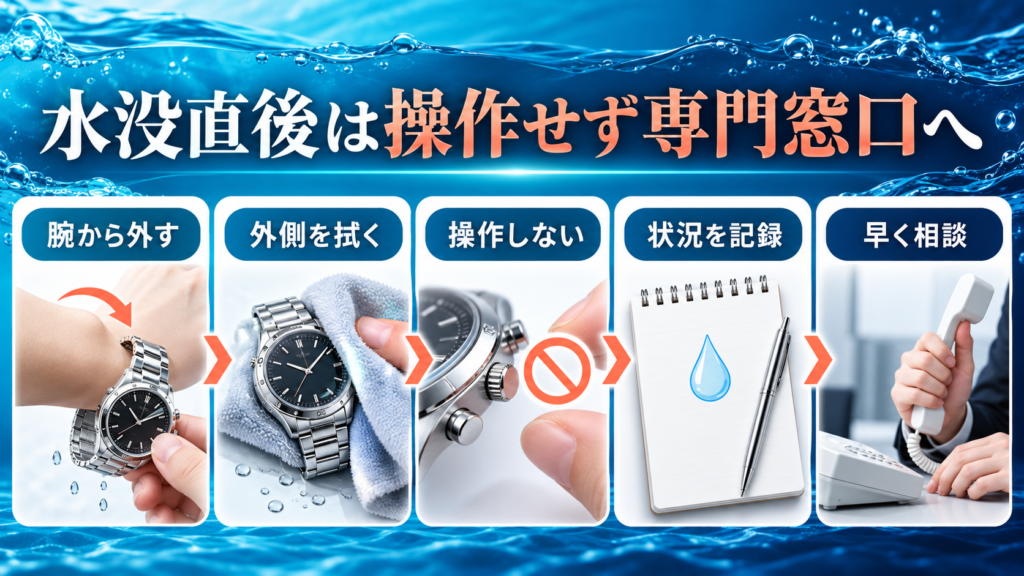 水没直後に腕から外して拭き操作せず記録して相談する流れの図解