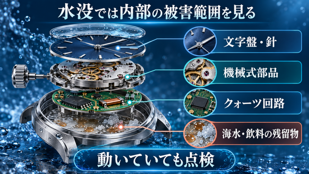 文字盤や機械式部品やクォーツ回路や残留物を確認する図解