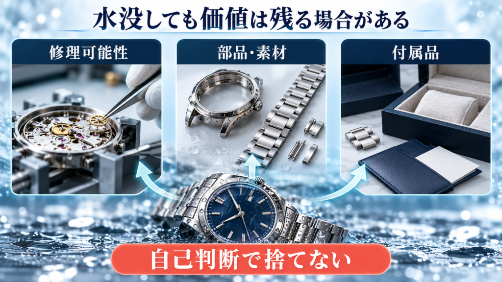 水没時計の修理可能性と部品素材と付属品の価値を示す図解