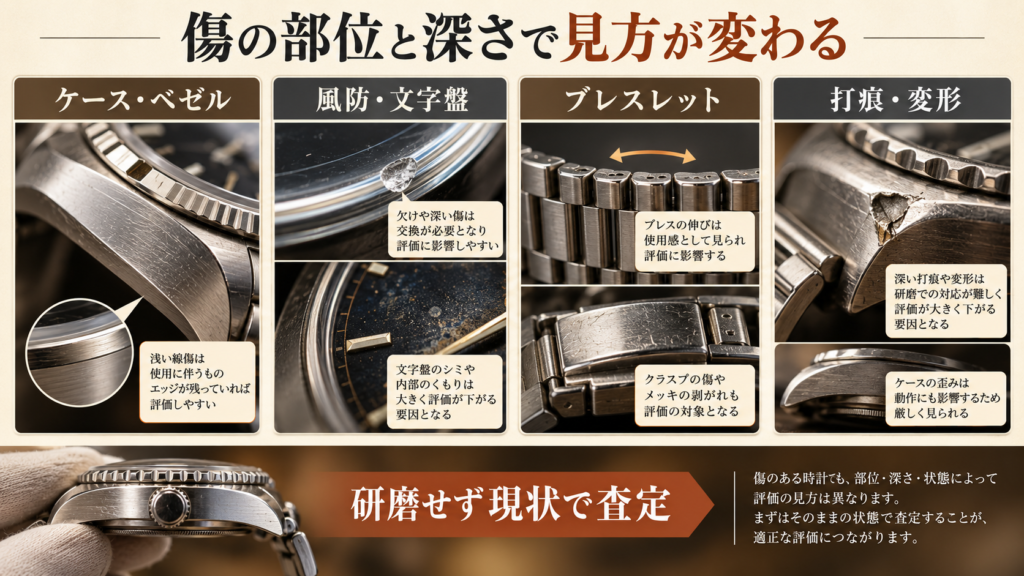 ケースや風防やブレスレットや打痕を部位別に比較する図解