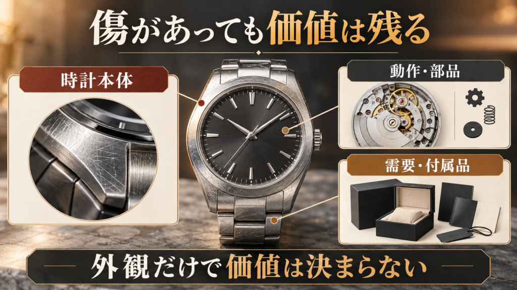 時計本体と動作や部品と需要や付属品から傷あり時計の価値を見る図解