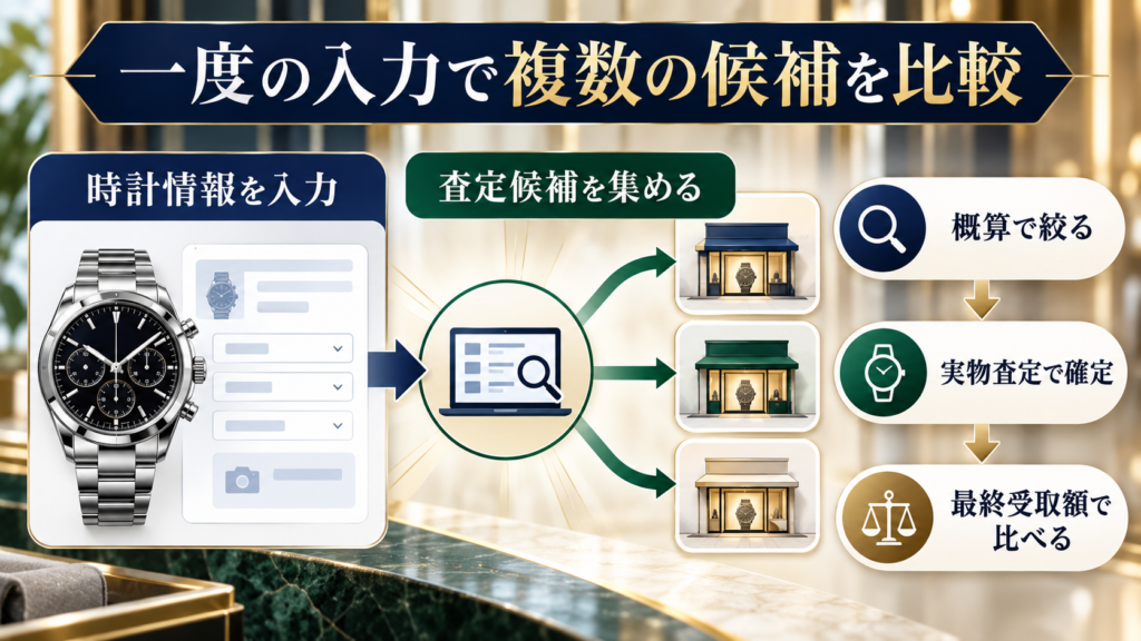 時計情報の入力から複数候補を集め実物査定後の受取額を比べる図解