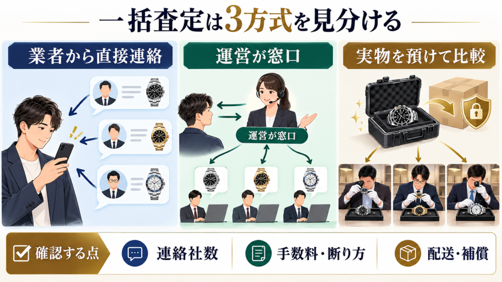 業者から直接連絡と運営窓口と実物預けの三方式を比較する図解