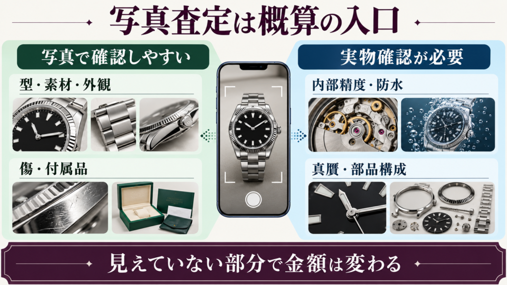 写真で確認しやすい項目と実物確認が必要な項目を比較する図解