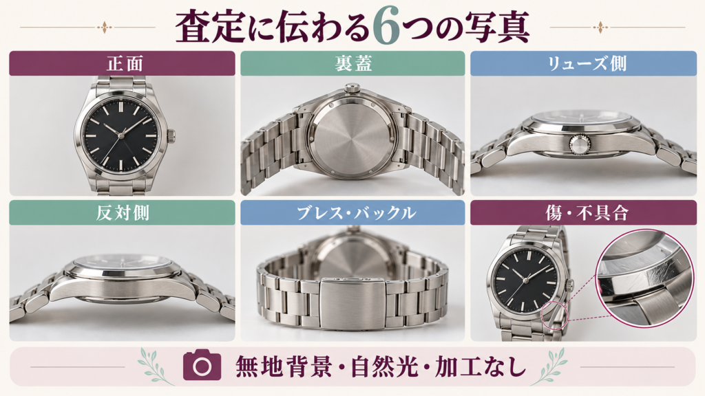 正面や裏蓋や側面やバックルや傷など査定に必要な六つの写真を示す図解