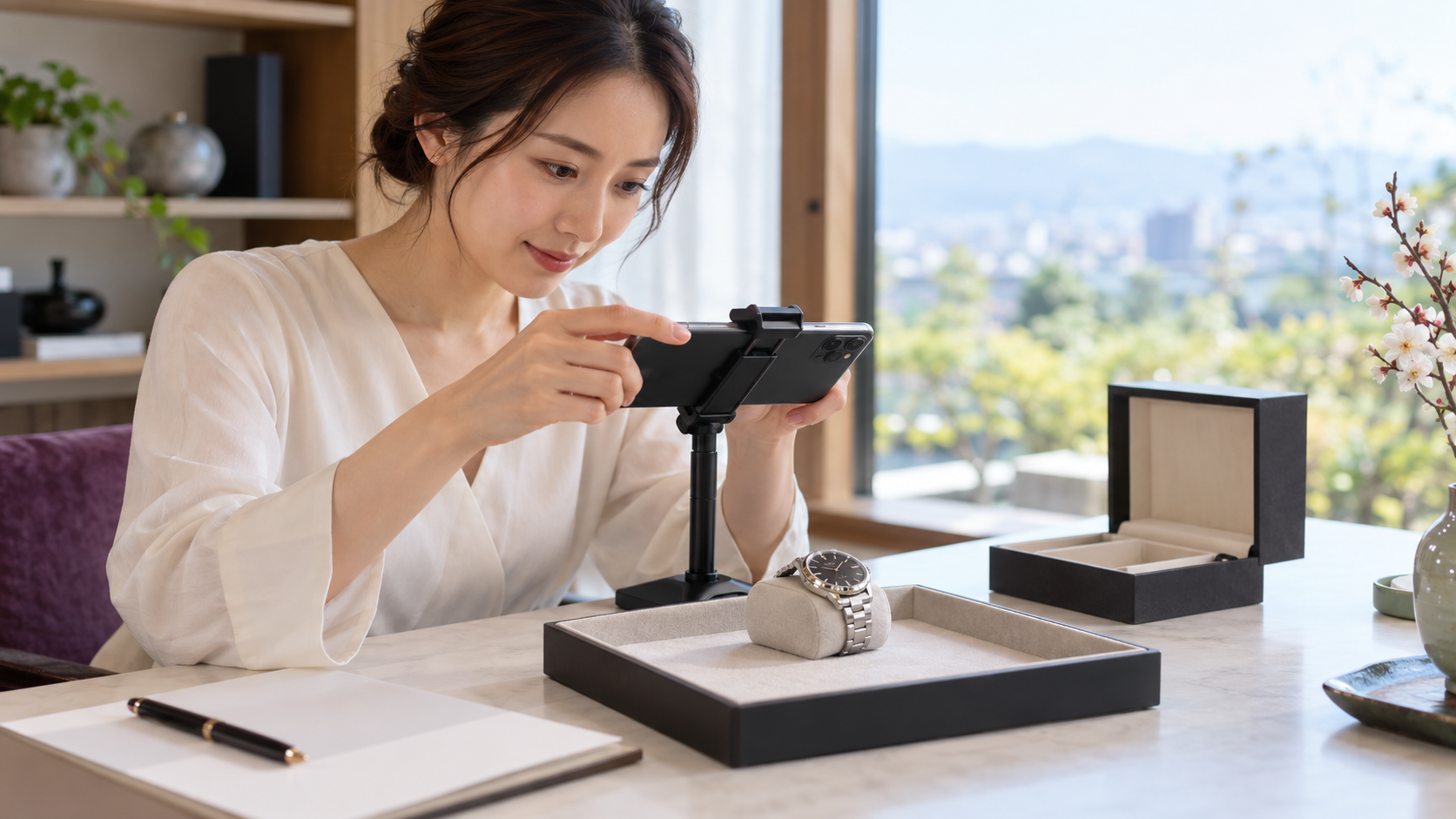 高級腕時計をスマートフォンで丁寧に撮影するイメージ