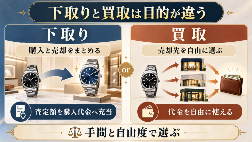 下取りと買取の代金の流れと手間と自由度を比較する図解
