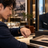 日本人男性が大ぶりな高級時計を試着して手首との相性を確かめるイメージ