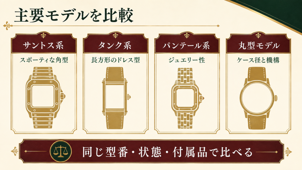 カルティエの主要モデル系統と比較条件を整理した図解