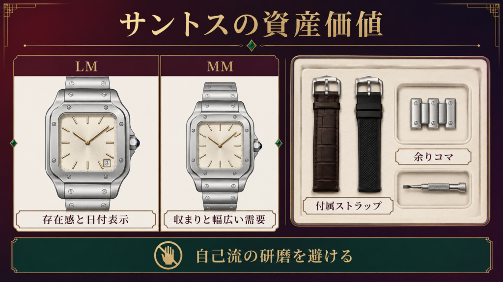 サントスのLMとMM、付属品、研磨の注意点を示す図解