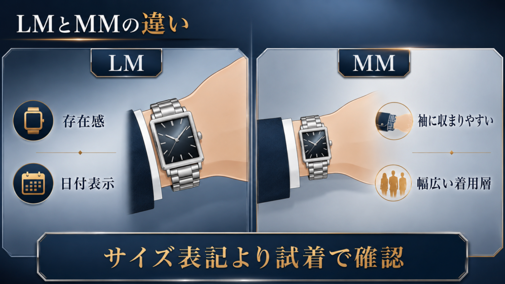 サントスのLMとMMを腕への収まりで比較する図解