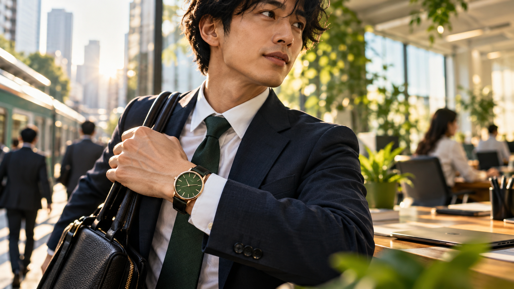 日本人の会社員が通勤と仕事で無銘の高級時計を自然に普段使いするイメージ
