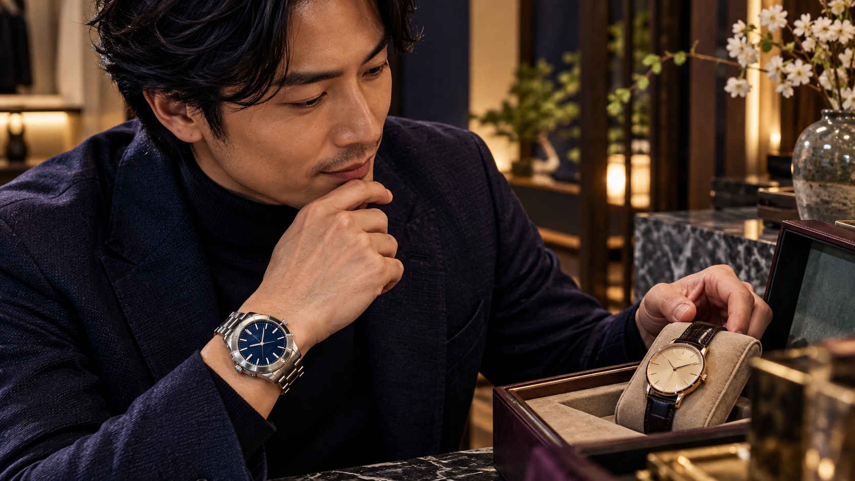 日本人の時計愛好家がスポーツ時計と薄型ドレス時計を並べて2本目を検討するイメージ