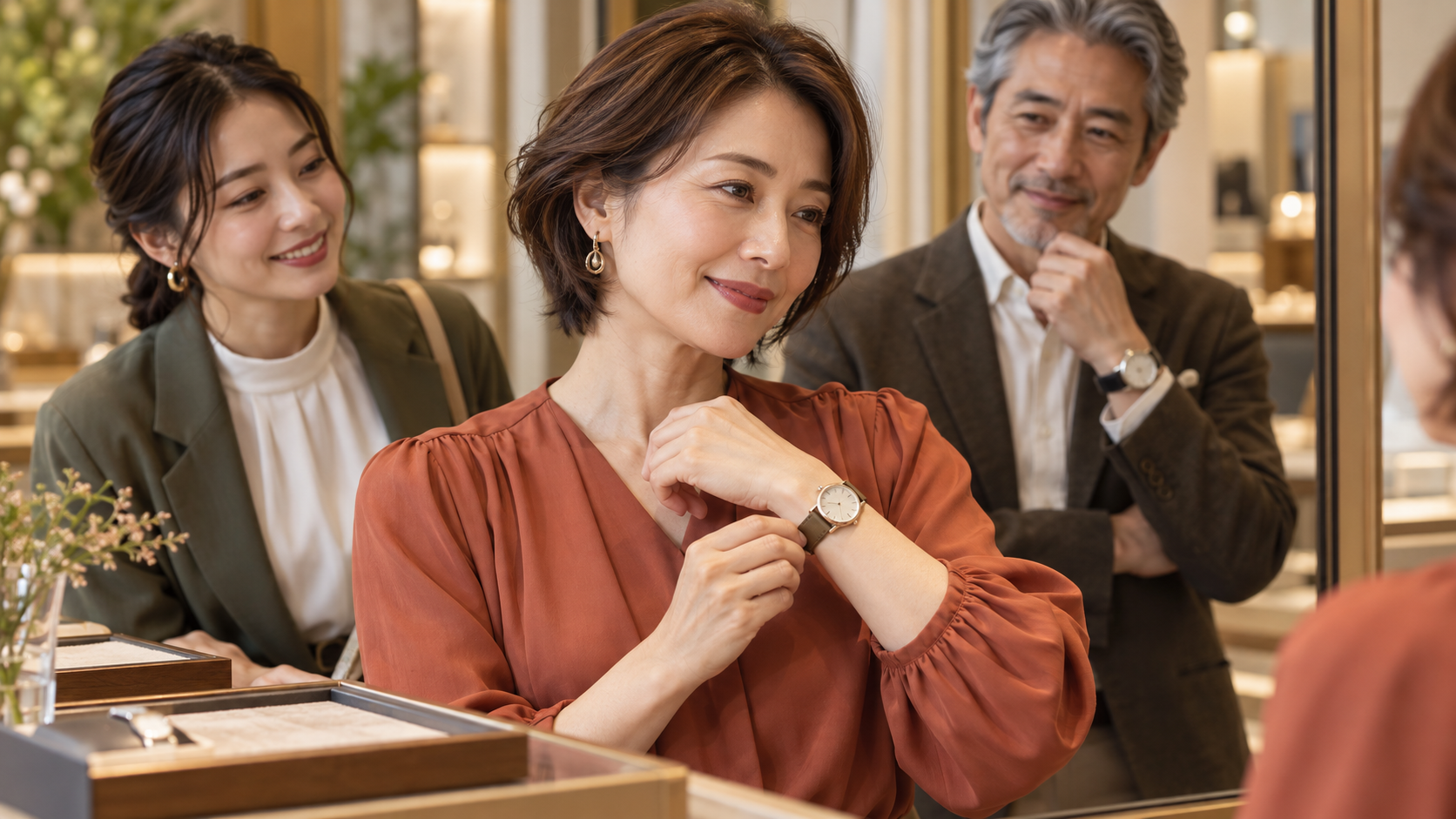 年代の異なる成人が自分の服装と好みに合わせて時計を選ぶ場面