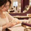 時計店のカウンターで、女性が小ぶりな腕時計を左手首に着け、両腕をクッションに自然に置いて眺めるイメージ。隣のトレイには、異なる色のベルトを備えた3本の腕時計が並ぶ。