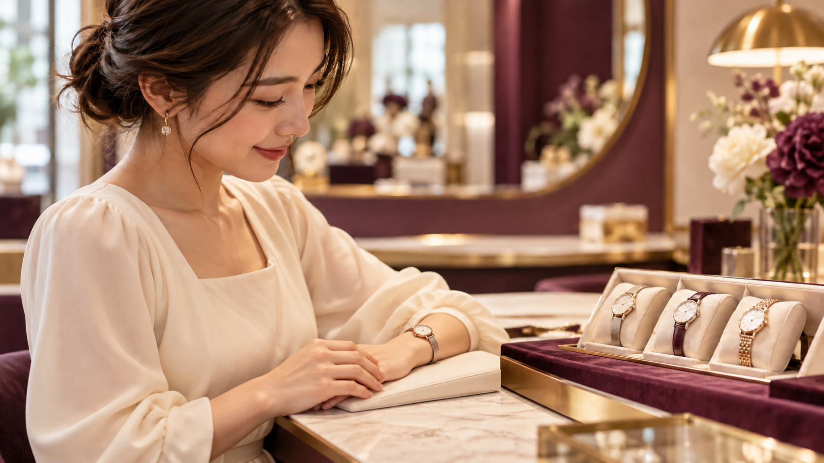 時計店のカウンターで、女性が小ぶりな腕時計を左手首に着け、両腕をクッションに自然に置いて眺めるイメージ。隣のトレイには、異なる色のベルトを備えた3本の腕時計が並ぶ。