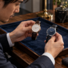 スーツ姿の男性が、紺色のトレイの上で2本の腕時計を両手に持ち、見比べるイメージ。左側は白い文字盤と茶色の革ベルト、右側は青い文字盤と黒い革ベルトで、色やデザインの違いが分かる。
