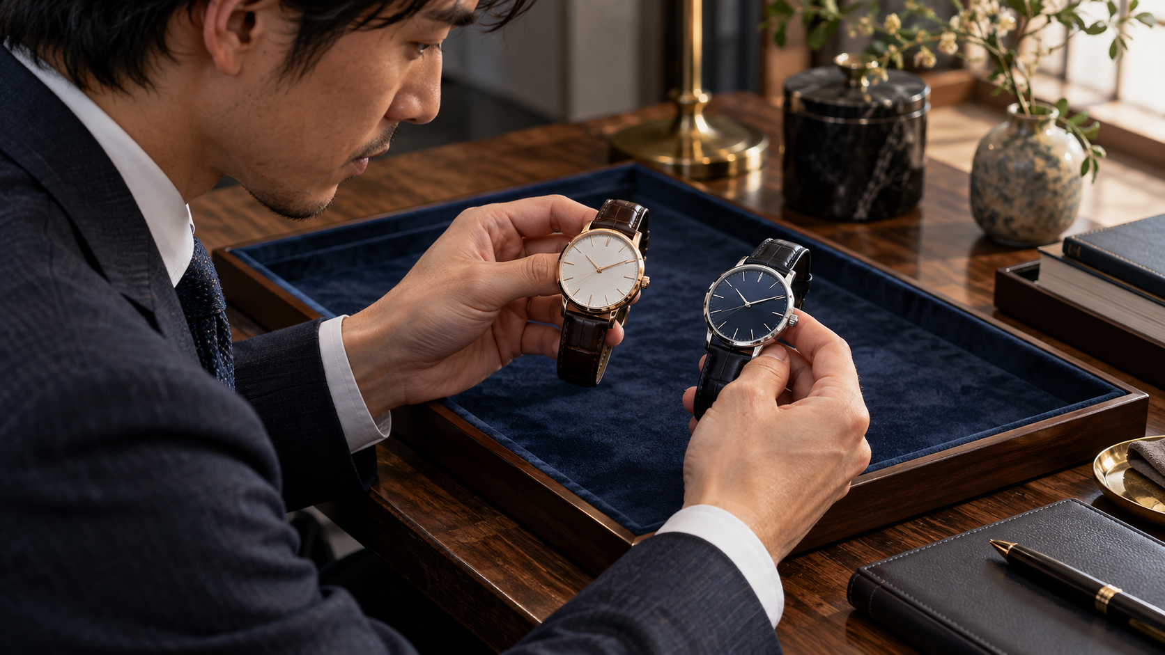 スーツ姿の男性が、紺色のトレイの上で2本の腕時計を両手に持ち、見比べるイメージ。左側は白い文字盤と茶色の革ベルト、右側は青い文字盤と黒い革ベルトで、色やデザインの違いが分かる。
